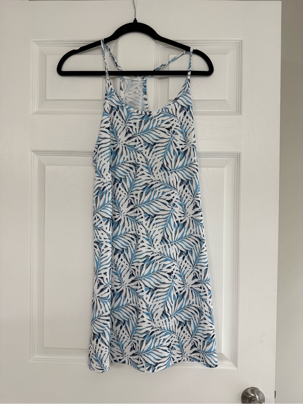 Blue Leaf-Print Spaghetti Strap Dress